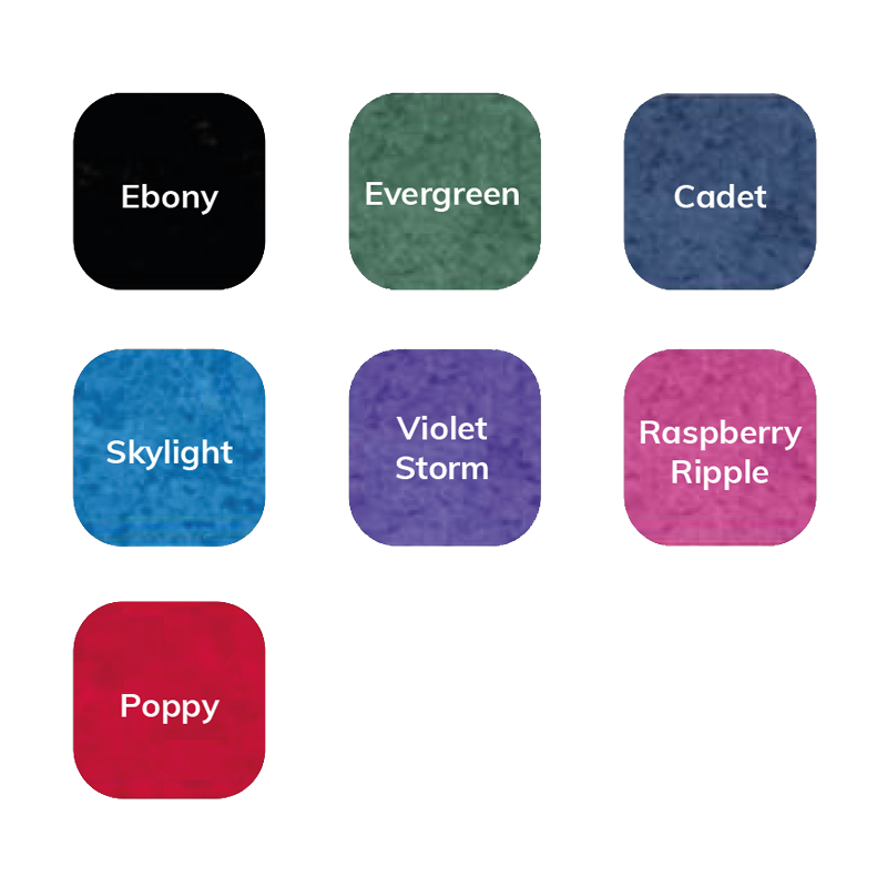 Färgprover på Ppod-överdrag i olika nyanser: svart (Ebony), grön (Evergreen), blå (Cadet, Skylight), lila (Violet Storm), rosa (Raspberry Ripple) och röd (Poppy).