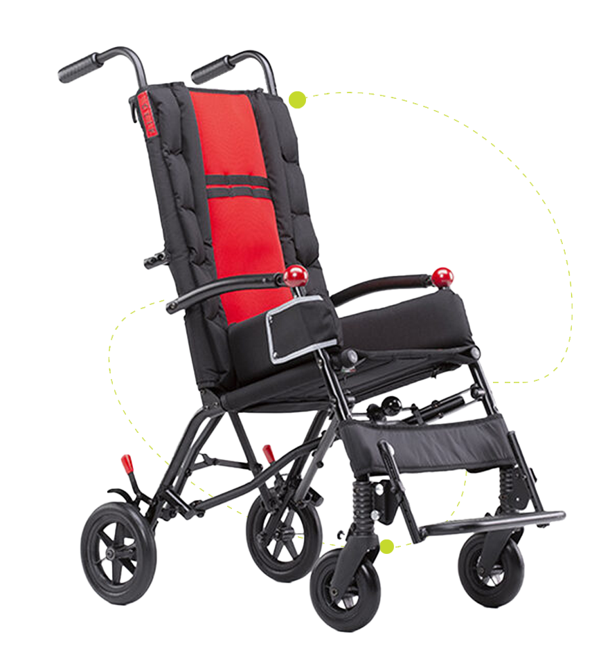 Clip sittvagn för barn med funktionsnedsättning – lätt körbar barnvagn med justerbar ryggvinkel, vadderade sidostöd, stabilt chassi och kompakt hopfällning för enkel transport.