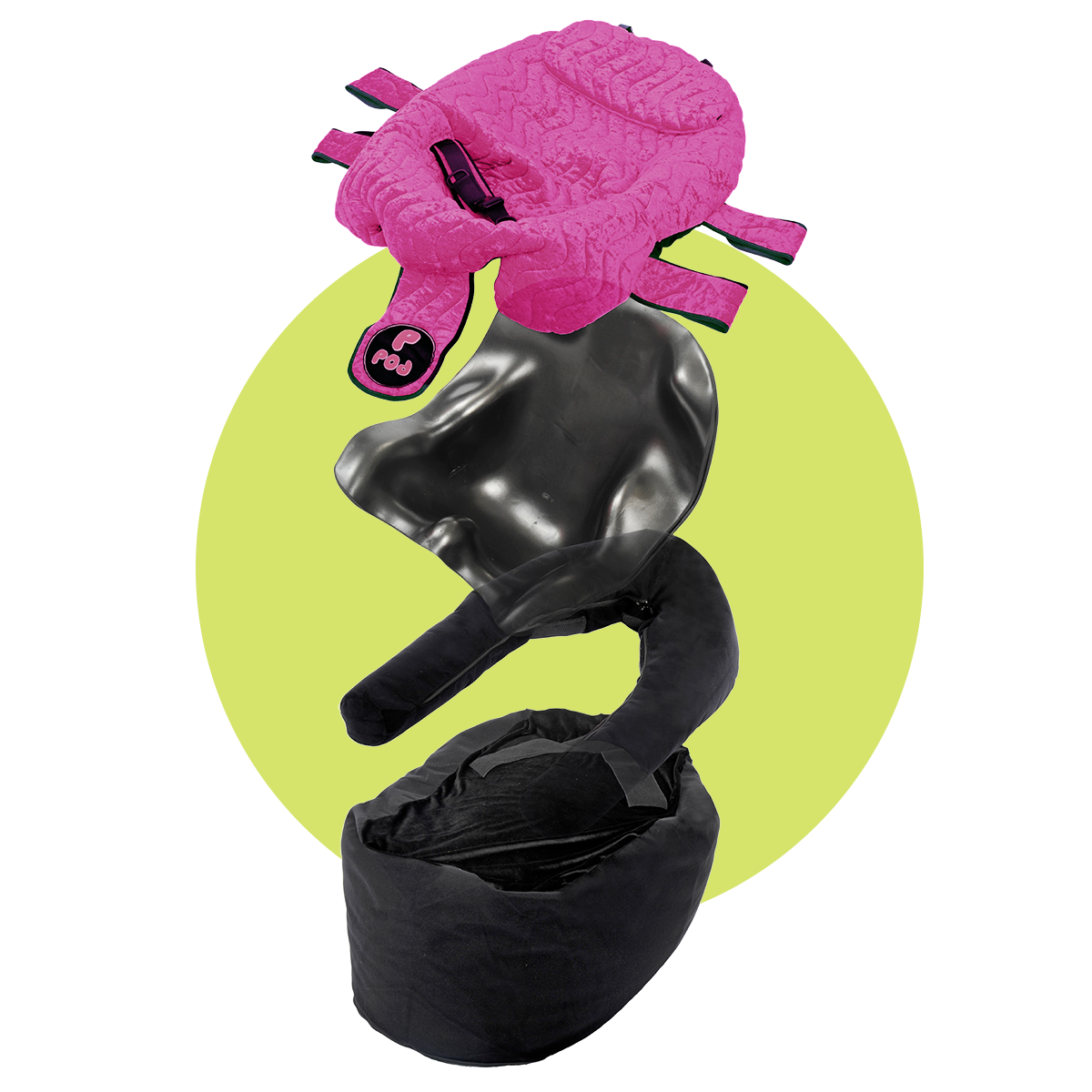 Ppod-stol visad i tre delar – formgjutet säte, säckbas och rosa överdrag – som illustrerar stolens uppbyggnad och anpassningsmöjligheter.